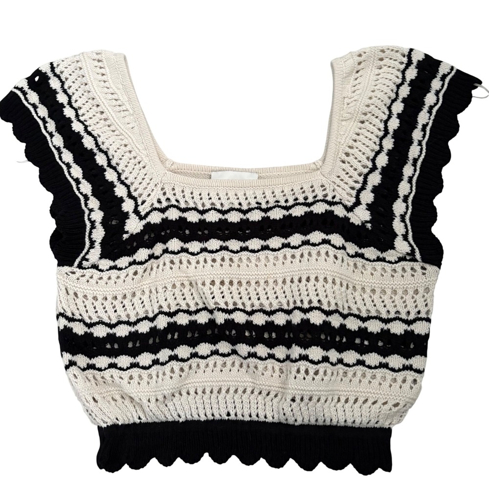 Freshman 1996 Crochet Knit Crop Top‎ Black Cream Striped Scalloped Hem Medium